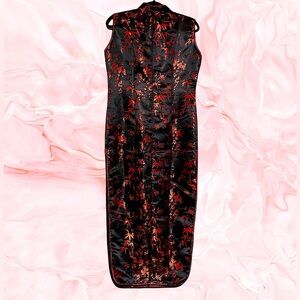 Traditional Chinese shiny silky asian dress splits side in black red 6 mandarin